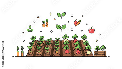Vegetable patch backyard harvest concept where freshly picked vegetables are displayed in baskets while tiny sparkle and star icons highlight abundance,