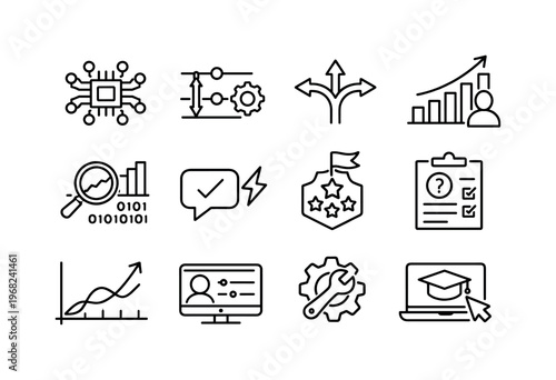 Adaptive Learning. Line icon set of Adaptive Learning: smart algorithm, difficulty adjustment, branching paths, learner progress, data driven insights, real