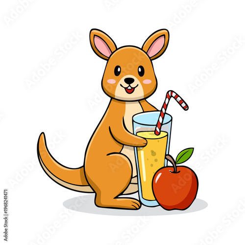 Cute kangaroo character holding a glass of juice with a straw and an apple