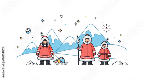 Siberia indigenous culture scene where locals wear traditional clothing in snow-covered landscapes while tiny sparkle and star icons highlight heritage,