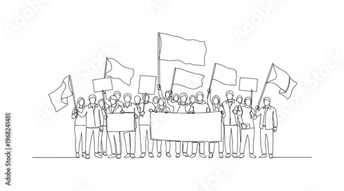 Freedom Demonstration. Minimalistic one-line drawing people standing together with flags and banners, continuous single black line on white background, simple