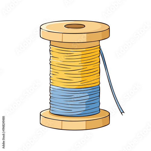 Wooden spool with yellow and blue thread for sewing and crafts