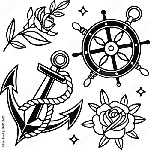 Nautical icons set with steering wheel and anchor