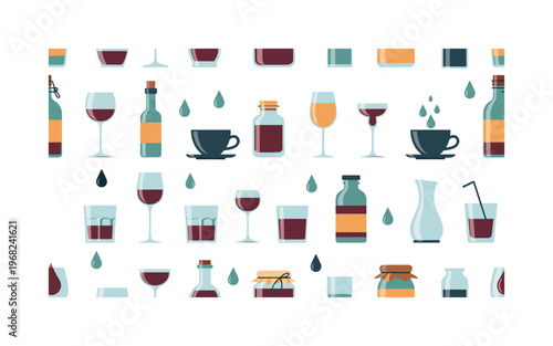drinkware motifs seamless pattern, repeating pattern, surface design, textile print, modern illustration of glasses, wine glasses, bottles, cups, jars, carafes