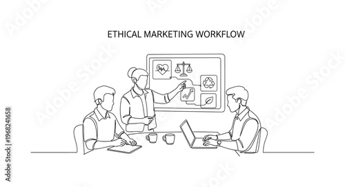 Ethical Marketing Workflow. Minimalistic one-line drawing team planning digital campaign with ethics icons, continuous single black line on white background,