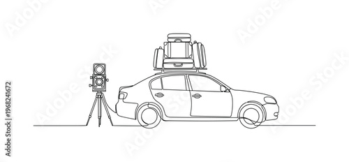 Road Trip Memories. Minimalistic one-line drawing car, luggage, and camera on roadside, continuous single black line on white background, simple outline style,