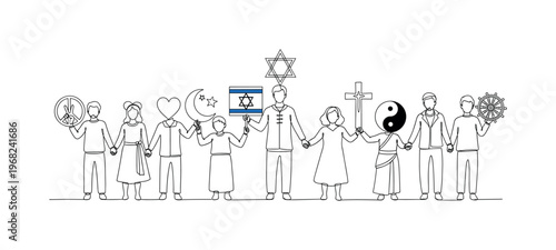 Diverse Connection. Minimalistic one-line drawing people holding hands with different traditional symbols, continuous single black line on white background,