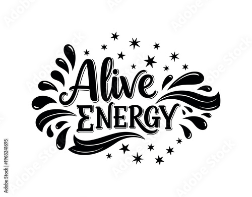 Alive Energy. lettering and all elements in black. Vector style. AWhite background. Pure white background. Perfect isolation and visual consistency. Bold