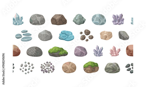 stone textures patterns seamless pattern, repeating pattern, surface design, textile print, modern illustration of stones, pebbles, boulders, moss, crystals,