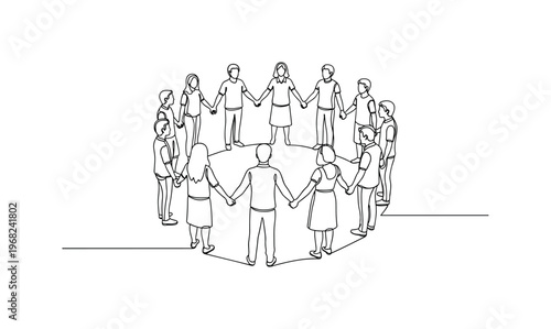 Cultural Circle. Minimalistic one-line drawing people from various backgrounds forming circle holding hands, continuous single black line on white background,