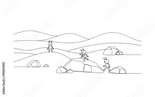 Martian Landscape. Minimalistic one-line drawing small Martians exploring hills and rocks, continuous single black line on white background, simple outline