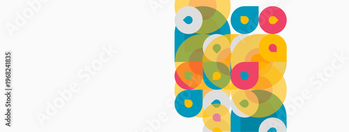 Colorful overlapping circles create abstract pattern. Bright hues dominate white background, offering modern aesthetic.