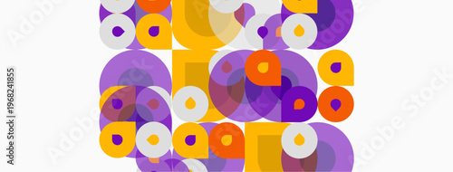 Abstract circles overlap, creating vibrant purple, orange, beige patterns. Geometric shapes form playful composition. Minimalist design.