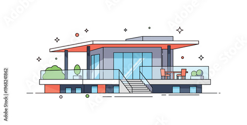 Modern architecture rooftop terrace scene where angular forms and clean lines define a modern building with open terrace while tiny sparkle and star icons