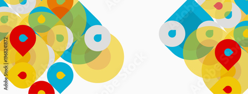 Abstract colorful circles, squares, map markers. Bright design, clean background. Modern graphic element, simple composition.