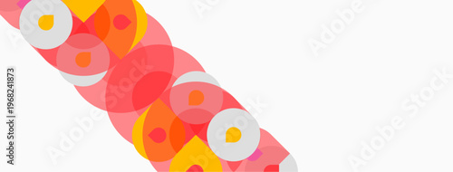 Abstract circles overlap, creating vibrant color patterns. Pink, orange, yellow hues dominate white background. Simple geometric design.