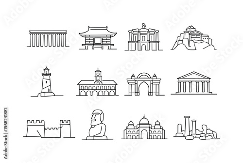 World Heritage Landmarks. Minimalistic set one-line drawing ancient colonnade, traditional wooden shrine, desert stone temple, mountain monastery, historic