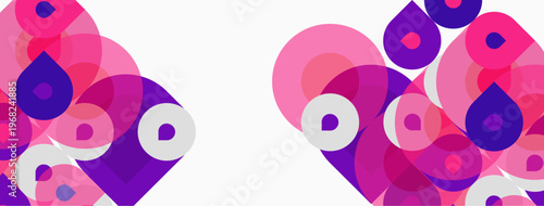 Abstract composition featuring overlapping pink, purple circles. Minimalist design with white background creates modern aesthetic. Shapes suggest hearts, bubbles.