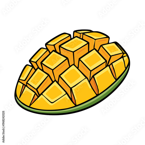 Juicy ripe mango sliced and diced showing its golden yellow flesh and green skin