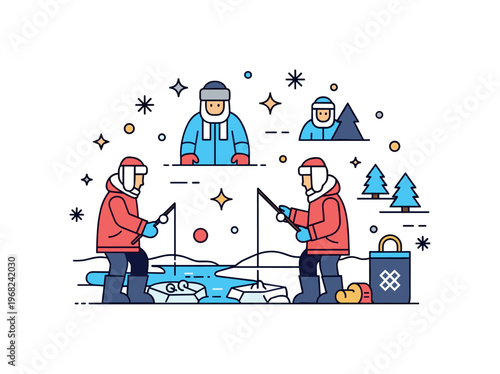 Siberia northern river fishing concept where locals ice fish along frozen rivers while small sparkle and line icons emphasize survival, tradition, and winter