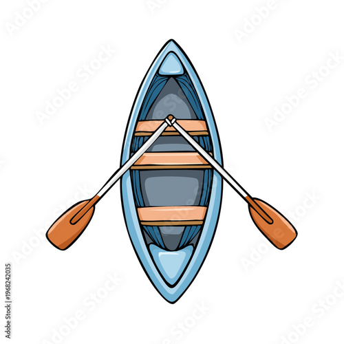 Light blue rowboat with wooden oars on a calm blue water surface viewed from above