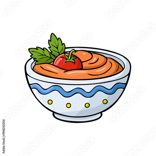 Fresh tomato sauce in a decorative bowl garnished with a cherry tomato and green herb