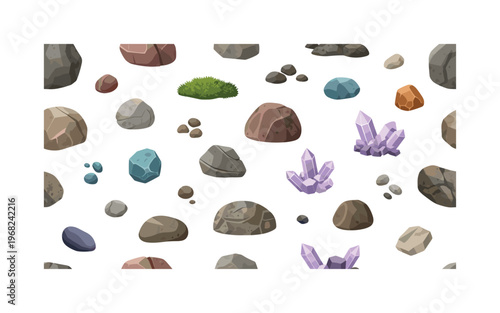 cobblestone icons seamless pattern, repeating pattern, surface design, textile print, modern illustration of rocks, stones, boulders, pebbles, moss patches,