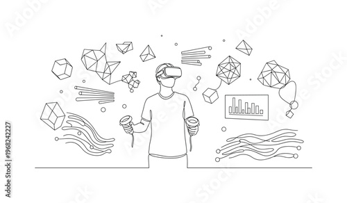 VR Environment. Minimalistic one-line drawing user navigating virtual space with holographic elements, continuous single black line on white background, simple