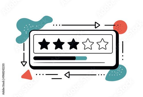 A black and white rating interface symbol with stars partially filled, intersected by thin lines and minimal arrows suggesting feedback and choice, white