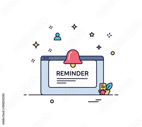 Reminder pop-up alert scene where a small notification box appears on a desktop while tiny sparkle and star icons emphasize tasks, memory, and prompt action.