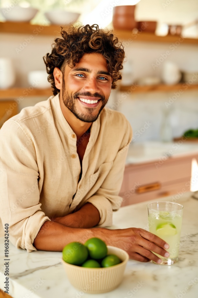 Fototapeta premium Man smiling while holding drink at kitchen counter