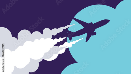 Airplane silhouette flying through white clouds against a dark blue sky for travel or aviation concept design.