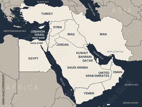 Political middle east asia map, infographic. Detailed middle east arab asia map territory, regional nations. Global asia map middle east borders. Iran, Israel, Saudi Arabia. Vector Illustration