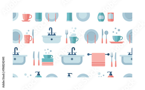 washing up patterns seamless pattern, repeating pattern, surface design, textile print, modern illustration of sinks, plates, cups, utensils, soap bottles,