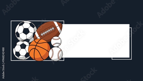 Assorted sports balls including soccer, football, and basketball next to a white text box for sports event template.