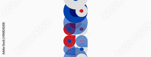 Abstract composition. Overlapping circles, red, blue, purple hues dominate white background. Modern, minimalist design.