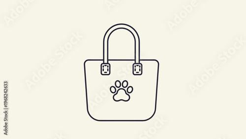 Simple black outline illustration of a tote bag or shopping bag featuring a large animal paw print in the center for a pet lover design concept.