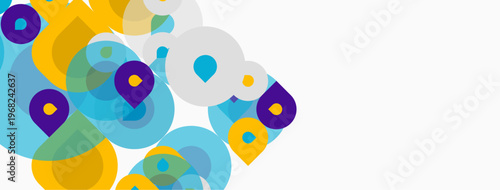 Abstract colorful circles overlap, creating dynamic visual texture. Yellow, purple, blue hues dominate white background. Modern design element.