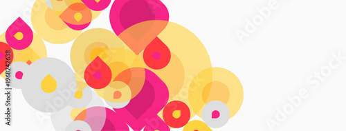 Abstract colorful circles overlap, creating dynamic visual texture. Soft pinks, yellows, whites dominate composition. Modern design element.