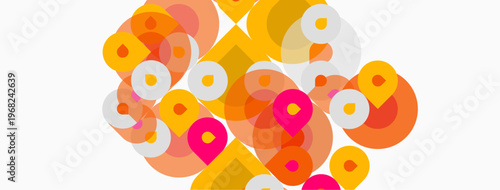 Abstract composition featuring overlapping circles. Warm colors dominate, creating dynamic visual texture. Shapes vary in size, density, opacity.