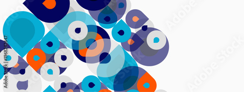 Abstract geometric shapes overlap, creating vibrant blue, orange, purple composition. Circles dominate design, suggesting movement, depth.