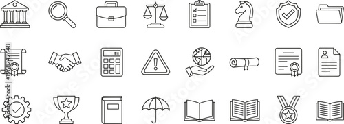 Set of business and legal thin line icons featuring scales of justice, briefcase, handshake, trophy, diploma, and financial management elements.
