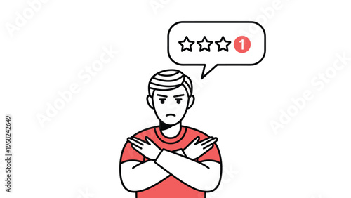 Sad man with crossed arms in a red shirt under a one star rating speech bubble expressing disappointment, disapproval, or poor customer service.