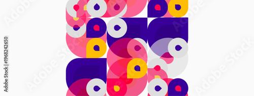 Abstract composition featuring overlapping circles, squares. Pink, purple, yellow hues dominate design. Modern, geometric patterns present.