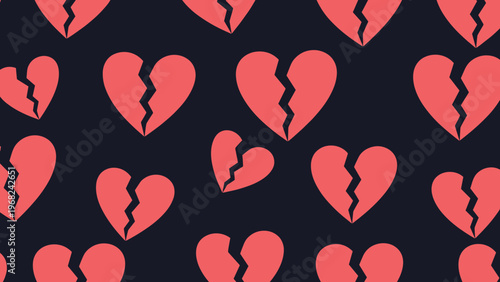 Continuous pattern of multiple broken pink hearts scattered over a dark navy blue background representing heartbreak, loss, or sadness.