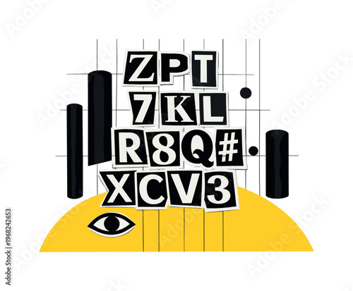Vintage black and white typewriter letters cut and rearranged into an encrypted composition, uneven baseline layout creating tension, large yellow semicircle
