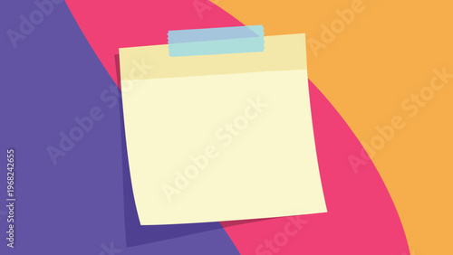 Blank square sticky note in pale yellow attached with blue tape on a bright and colorful background with purple, pink, and orange curved shapes.