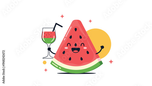 Happy watermelon slice character holding a matching fruit cocktail drink glass next to a yellow sun and floating stars on a white background.