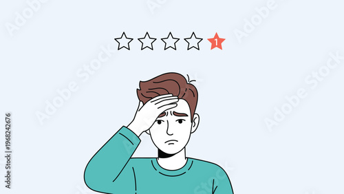 Worried man in a turquoise shirt holding his forehead in distress under a one star rating symbol representing bad news or a poor evaluation.