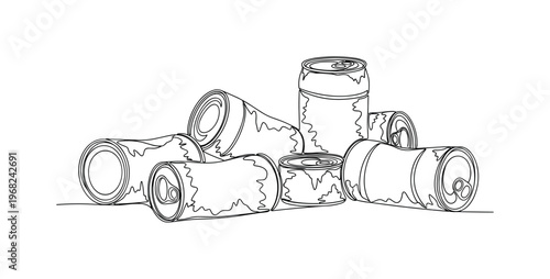 Discarded Rusty Cans. Minimalistic one-line drawing rusty cans lying on ground, continuous single black line on white background, simple outline style, no